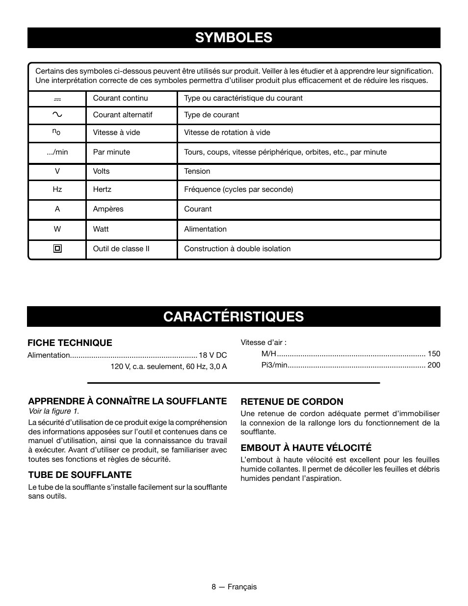 Caractéristiques symboles | Ryobi P2107 User Manual | Page 21 / 38