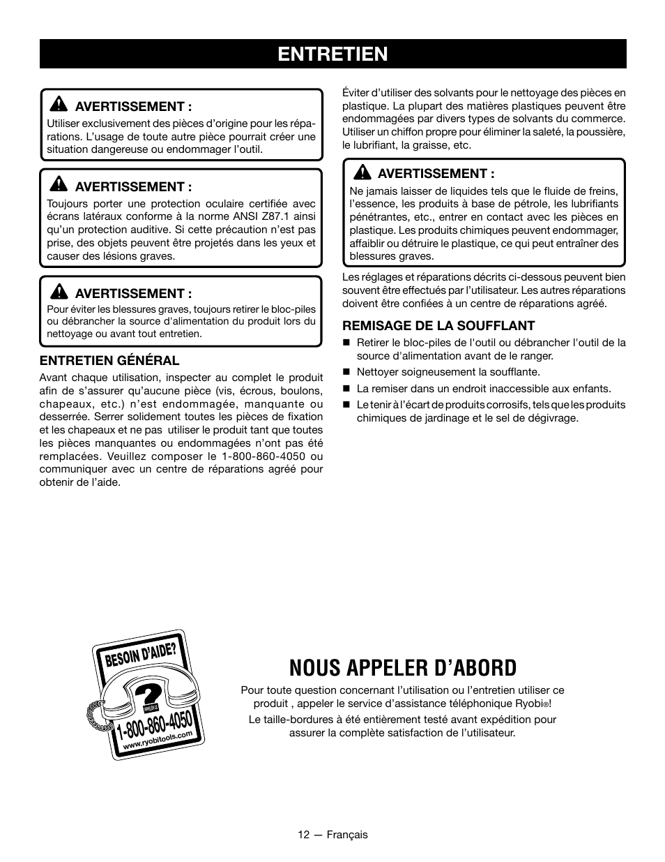 Nous appeler d’abord, Entretien, Besoin d’aid e | Ryobi P2107 User Manual | Page 25 / 38