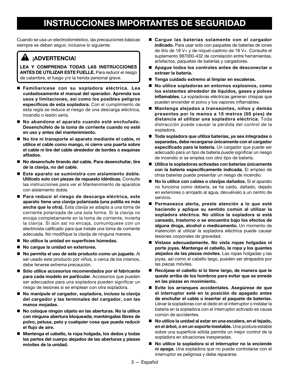 Instrucciones importantes de seguridad, Advertencia | Ryobi P2107 User Manual | Page 27 / 38