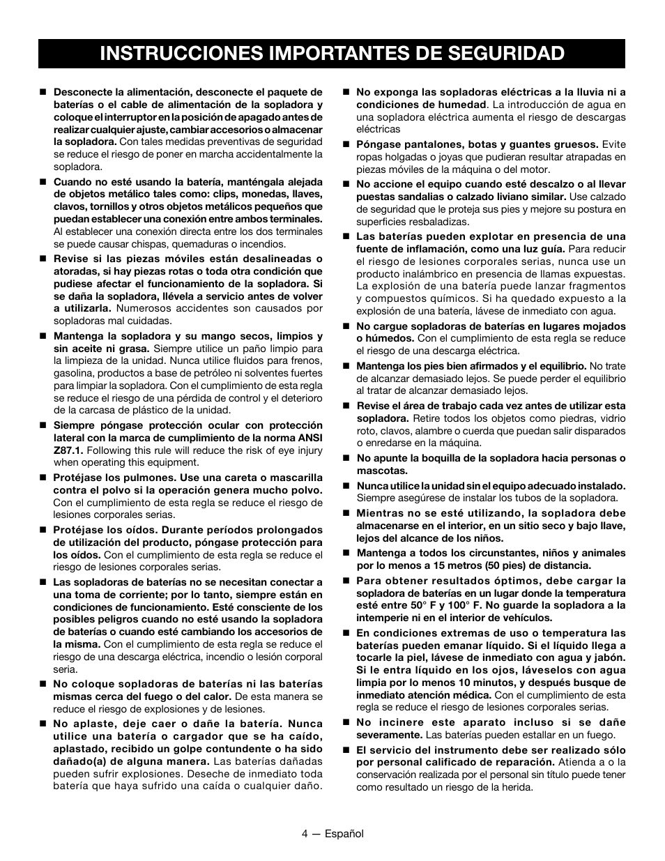 Instrucciones importantes de seguridad | Ryobi P2107 User Manual | Page 28 / 38