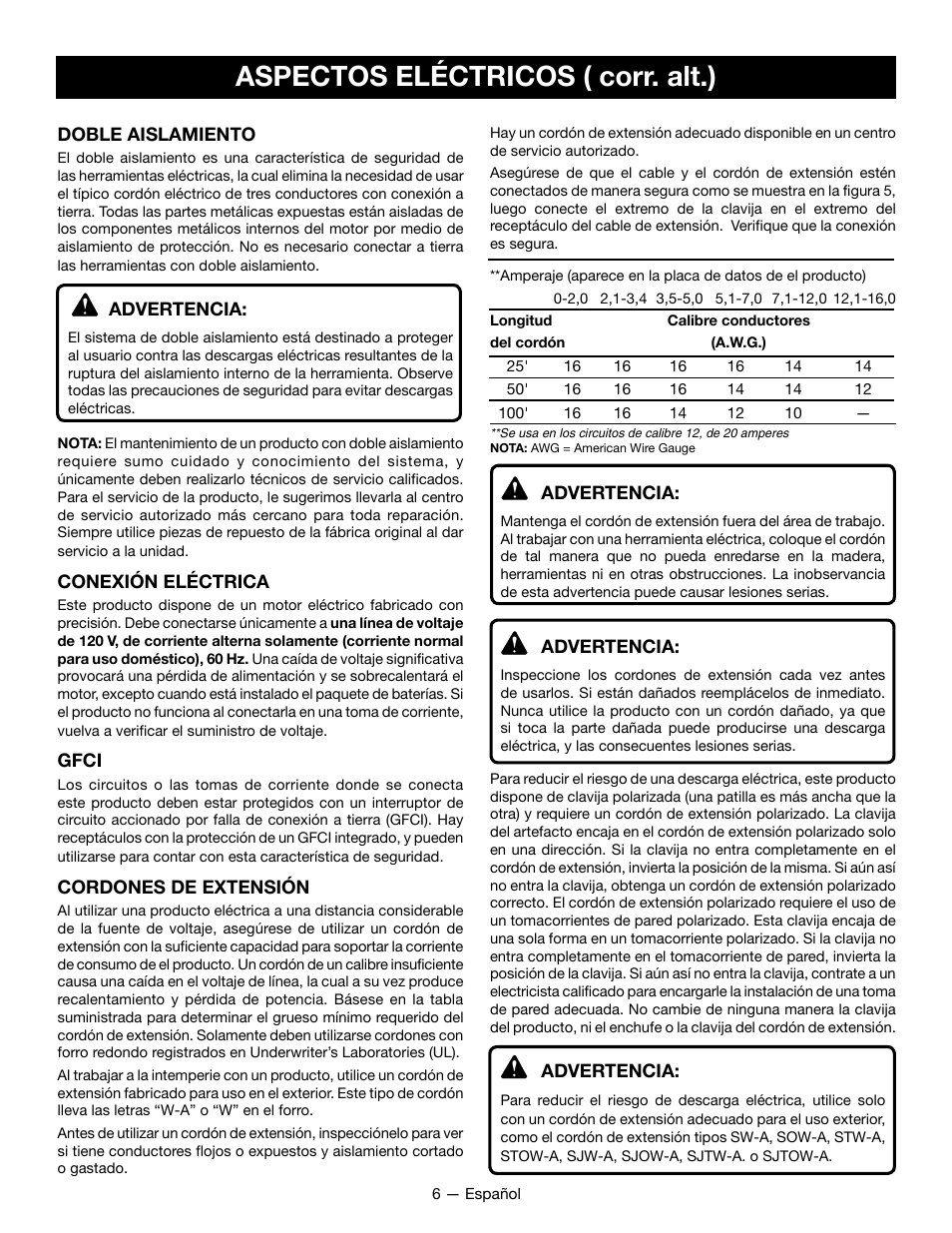 Aspectos eléctricos ( corr. alt.) | Ryobi P2107 User Manual | Page 30 / 38