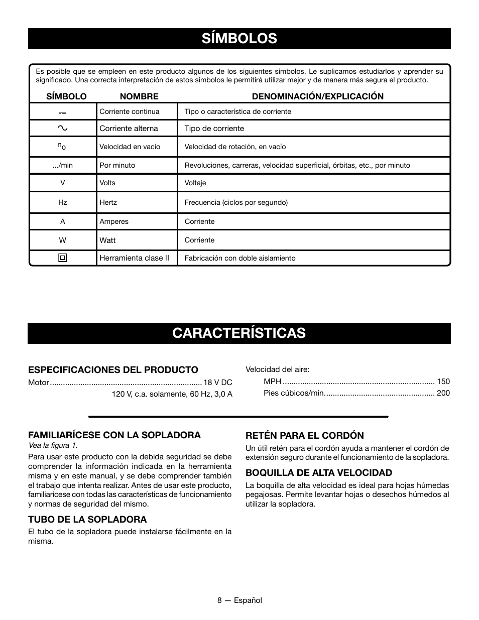 Características símbolos | Ryobi P2107 User Manual | Page 32 / 38