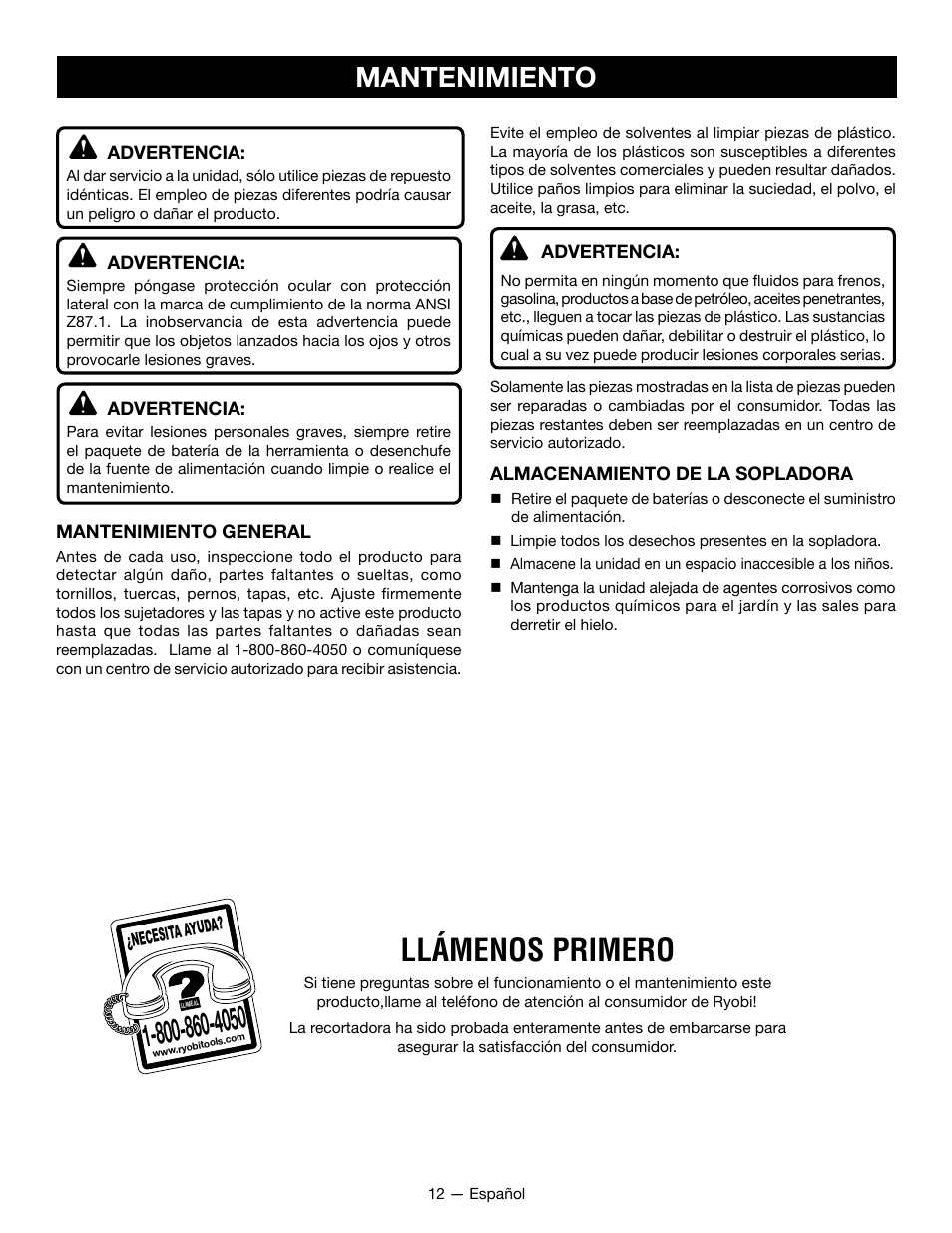 Llámenos primero, Mantenimiento | Ryobi P2107 User Manual | Page 36 / 38