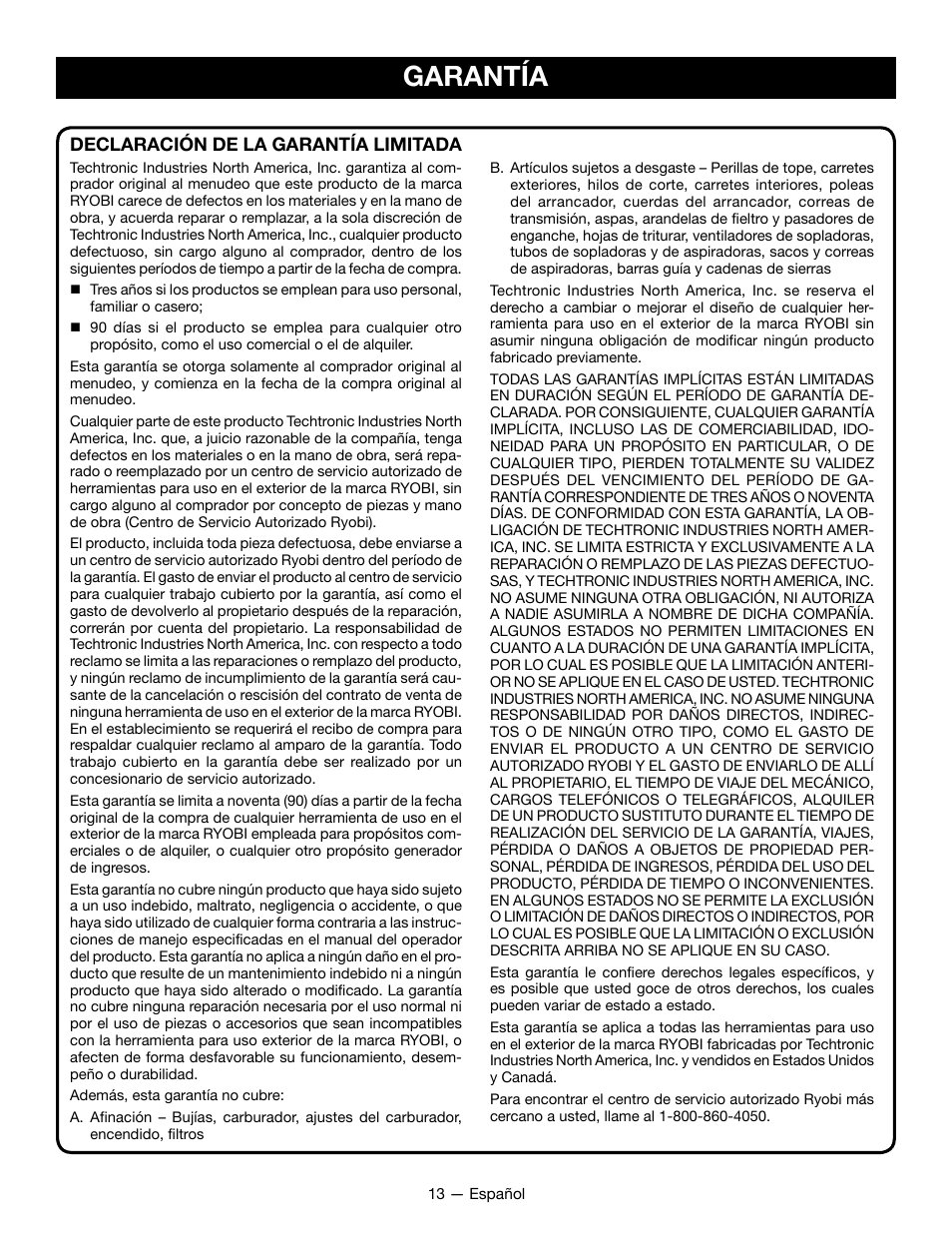 Garantía, Declaración de la garantía limitada | Ryobi P2107 User Manual | Page 37 / 38