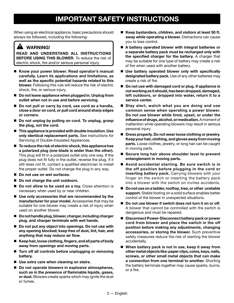 Important safety instructions | Ryobi P2107 User Manual | Page 5 / 38