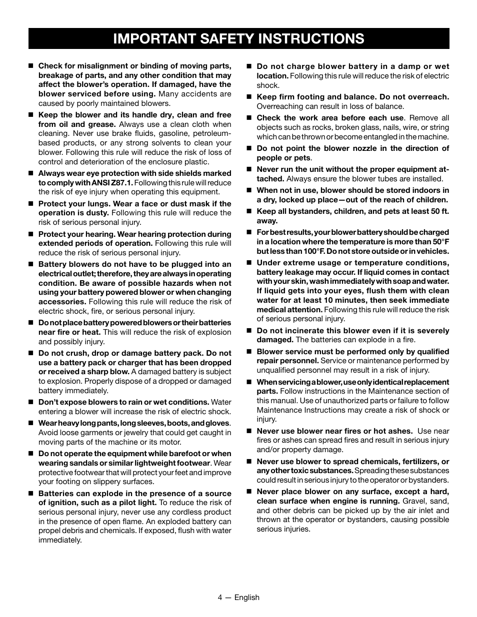 Important safety instructions | Ryobi P2107 User Manual | Page 6 / 38