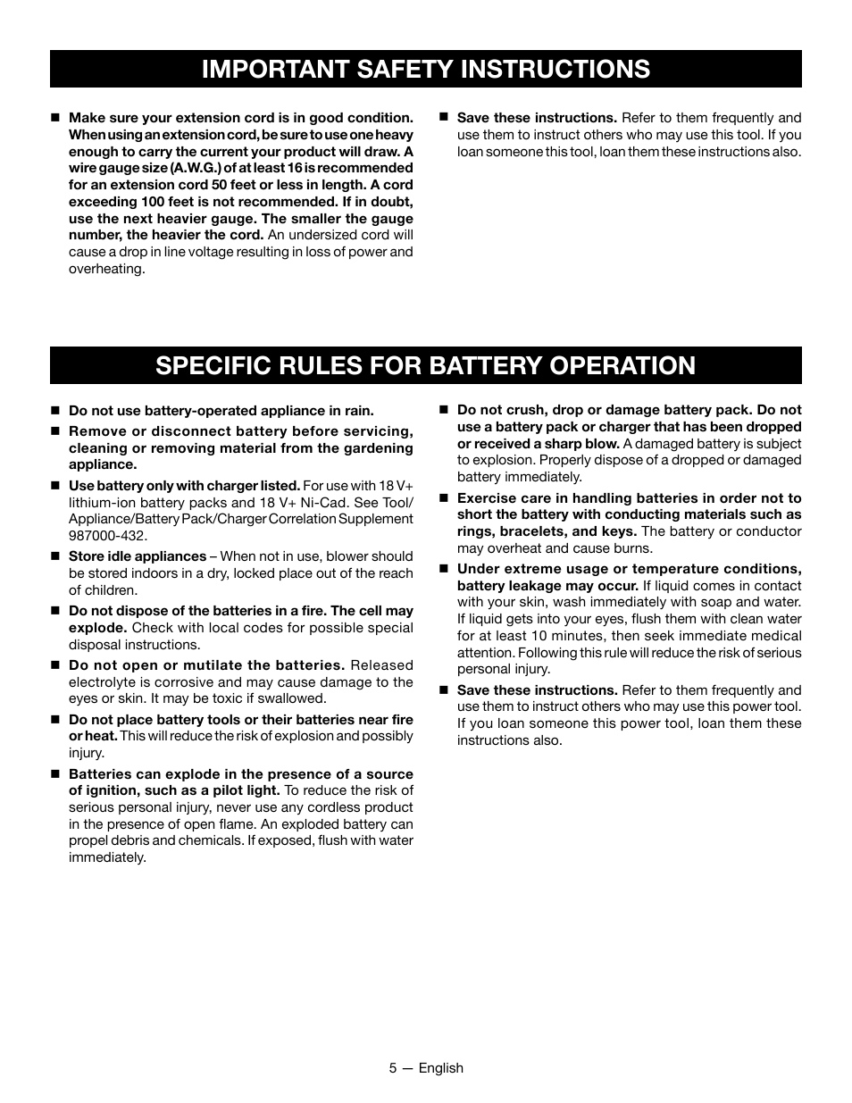 Specific rules for battery operation, Important safety instructions | Ryobi P2107 User Manual | Page 7 / 38