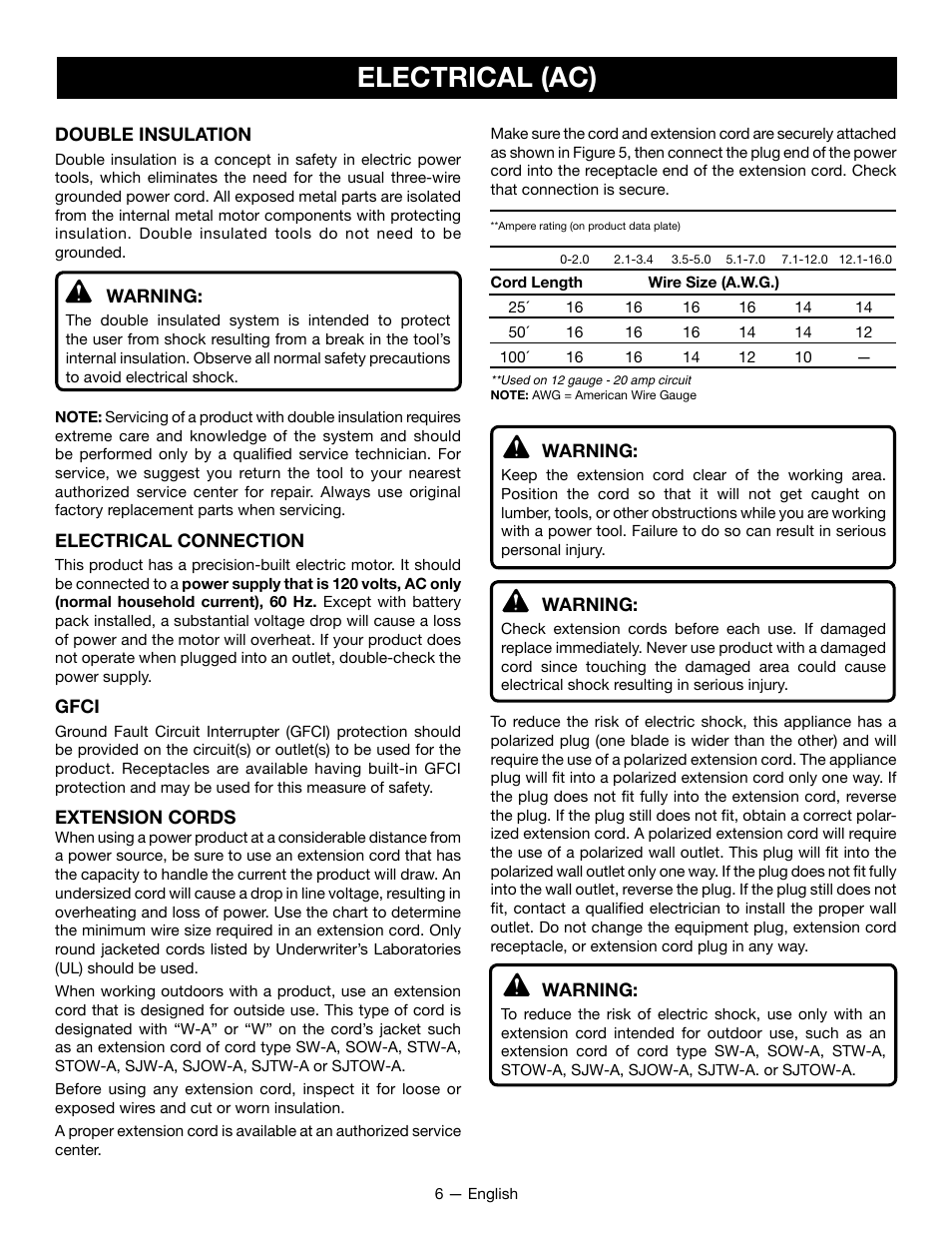 Electrical (ac) | Ryobi P2107 User Manual | Page 8 / 38