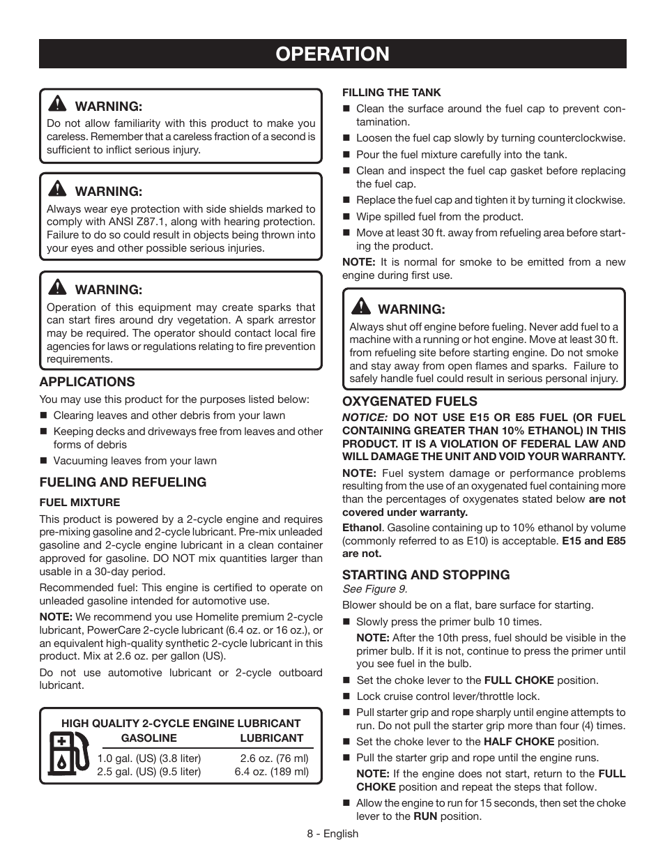 Operation | Ryobi RY09055 User Manual | Page 10 / 42