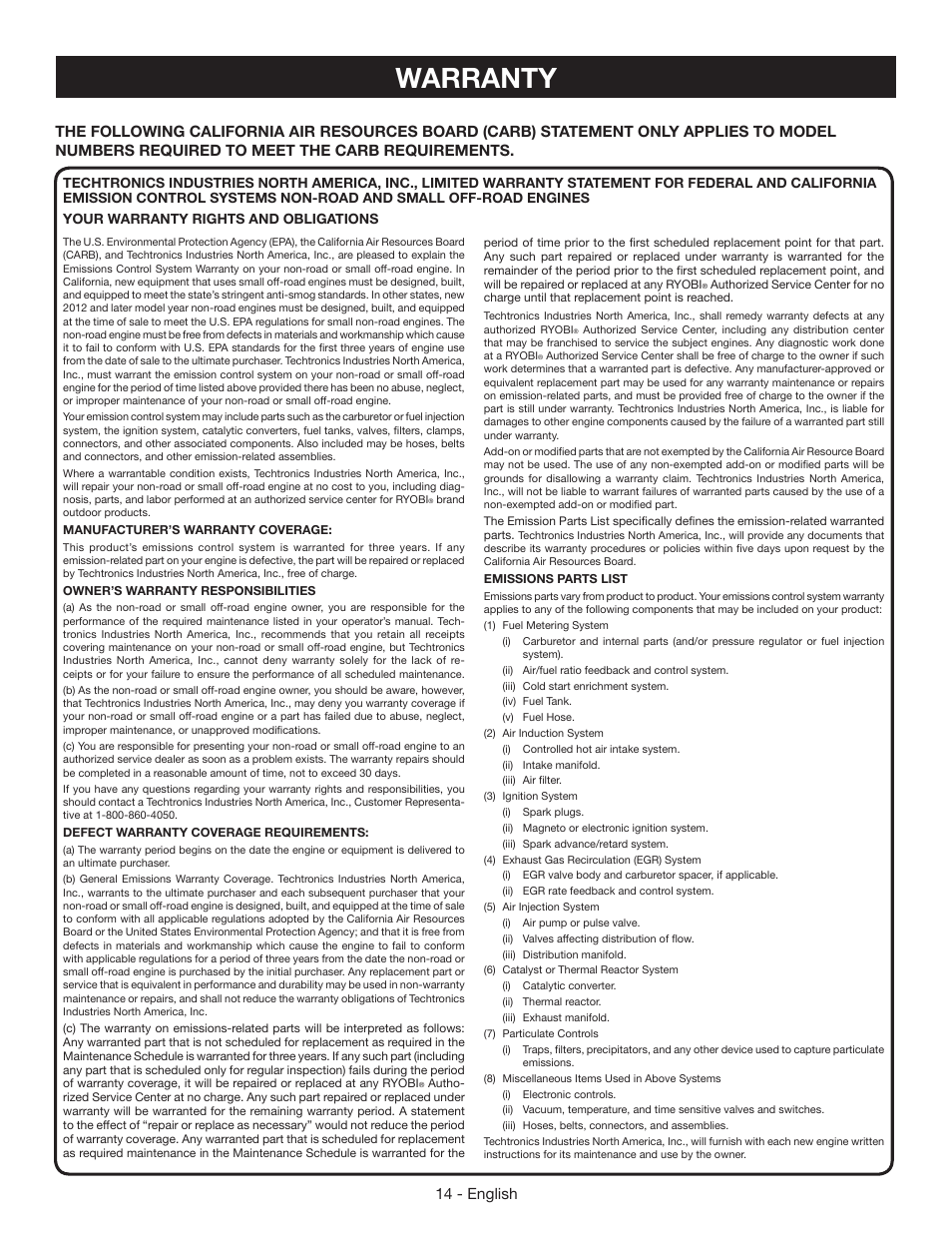 Warranty, 14 - english | Ryobi RY09055 User Manual | Page 16 / 42