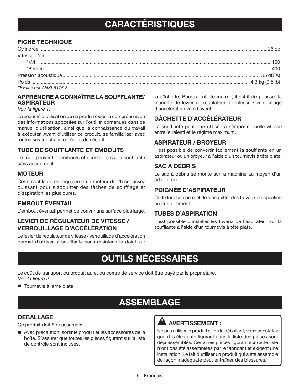 Caractéristiques, Assemblage, Outils nécessaires | Ryobi RY09055 User Manual | Page 20 / 42