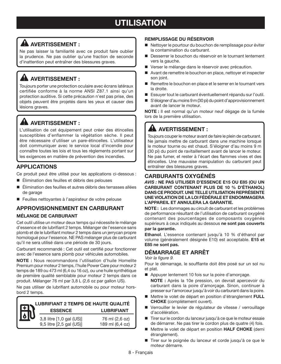 Utilisation, Avertissement, Applications | Approvisionnement en carburant, Carburants oxygénés, Démarrage et arrêt | Ryobi RY09055 User Manual | Page 22 / 42