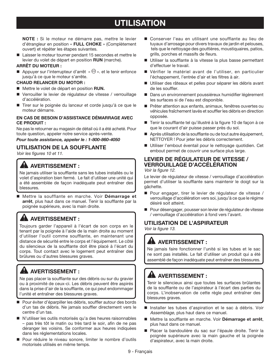 Utilisation, Utilisation de l’aspirateur, Avertissement | Utilisation de la soufflante | Ryobi RY09055 User Manual | Page 23 / 42