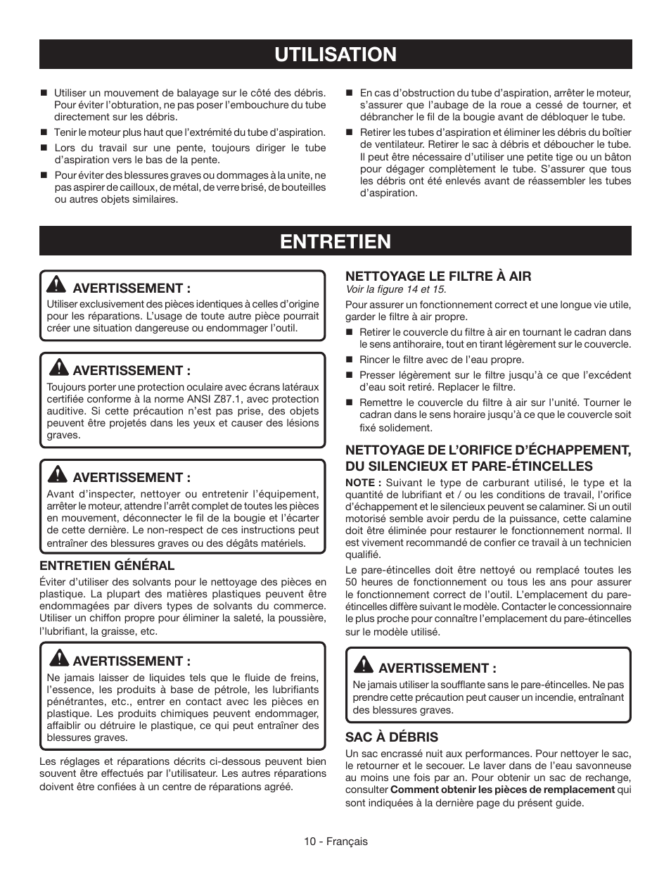 Entretien, Utilisation | Ryobi RY09055 User Manual | Page 24 / 42