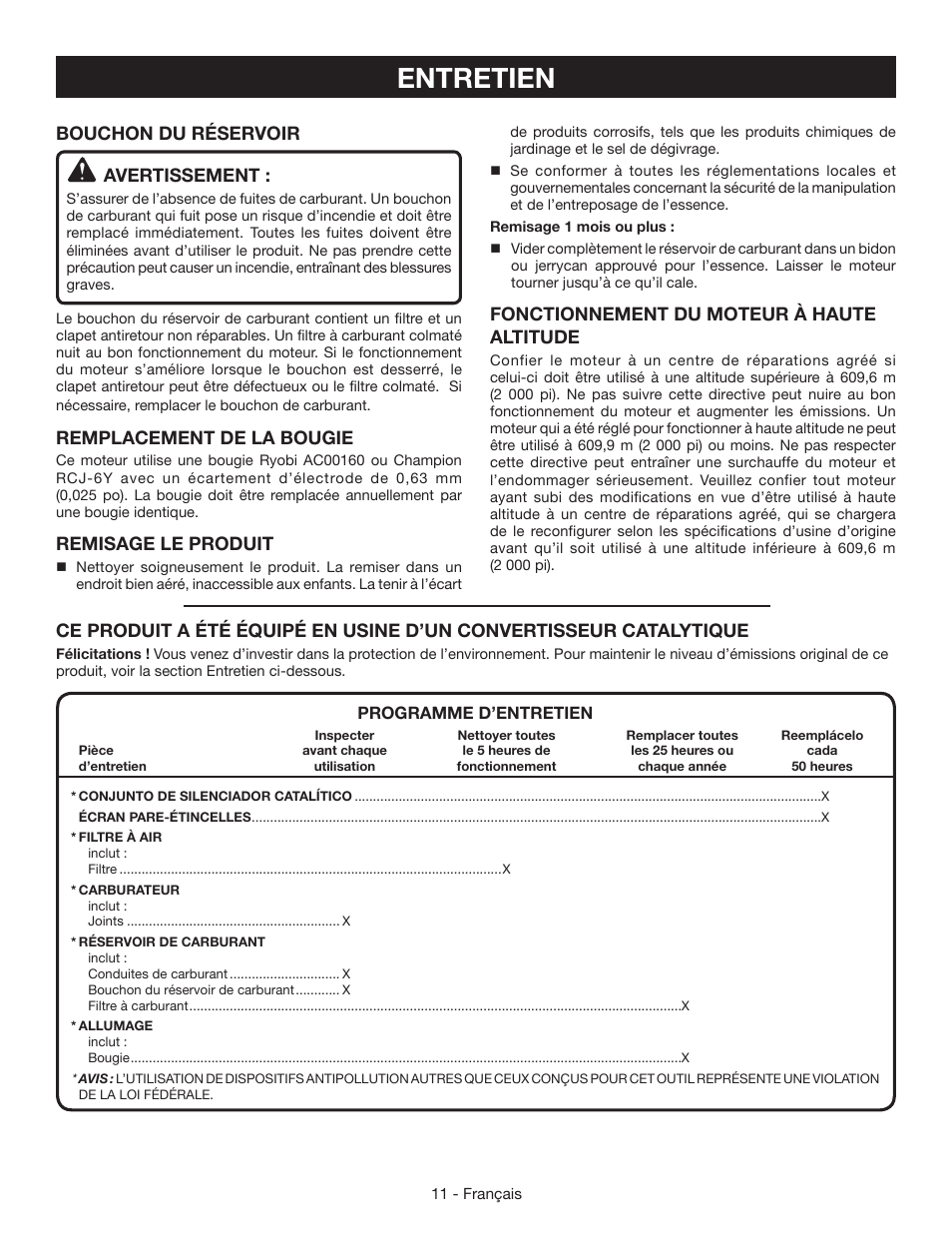 Entretien, Bouchon du réservoir avertissement, Remplacement de la bougie | Remisage le produit, Fonctionnement du moteur à haute altitude | Ryobi RY09055 User Manual | Page 25 / 42