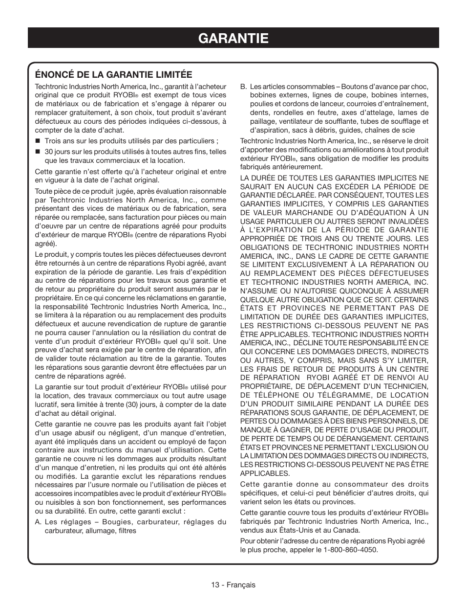 Garantie, Énoncé de la garantie limitée | Ryobi RY09055 User Manual | Page 27 / 42