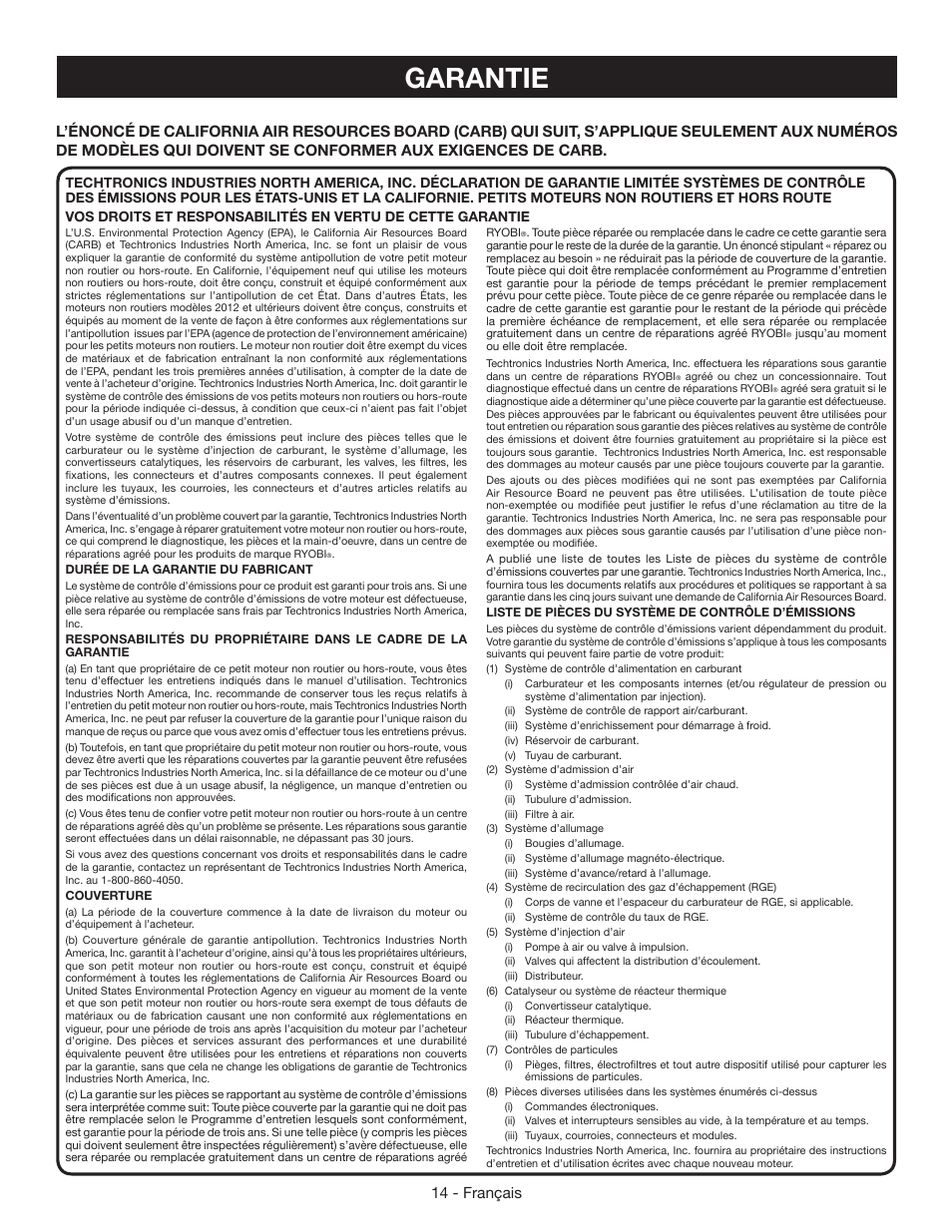 Garantie, 14 - français | Ryobi RY09055 User Manual | Page 28 / 42