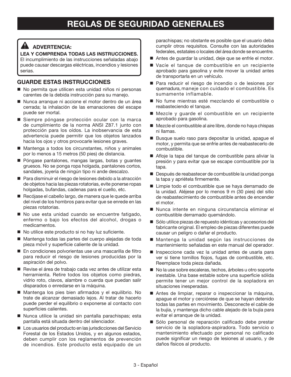 Reglas de seguridad generales | Ryobi RY09055 User Manual | Page 29 / 42