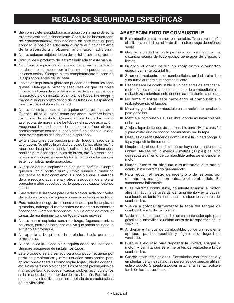 Reglas de seguridad específicas, Abastecimiento de combustible | Ryobi RY09055 User Manual | Page 30 / 42