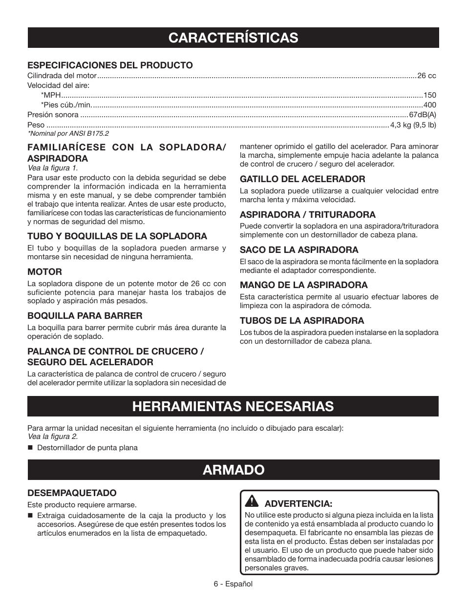 Características, Armado herramientas necesarias | Ryobi RY09055 User Manual | Page 32 / 42