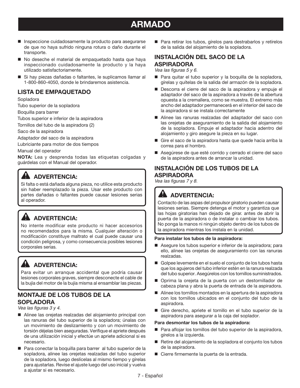 Armado, Lista de empaquetado, Advertencia | Montaje de los tubos de la sopladora, Instalación del saco de la aspiradora, Instalación de los tubos de la aspiradora | Ryobi RY09055 User Manual | Page 33 / 42