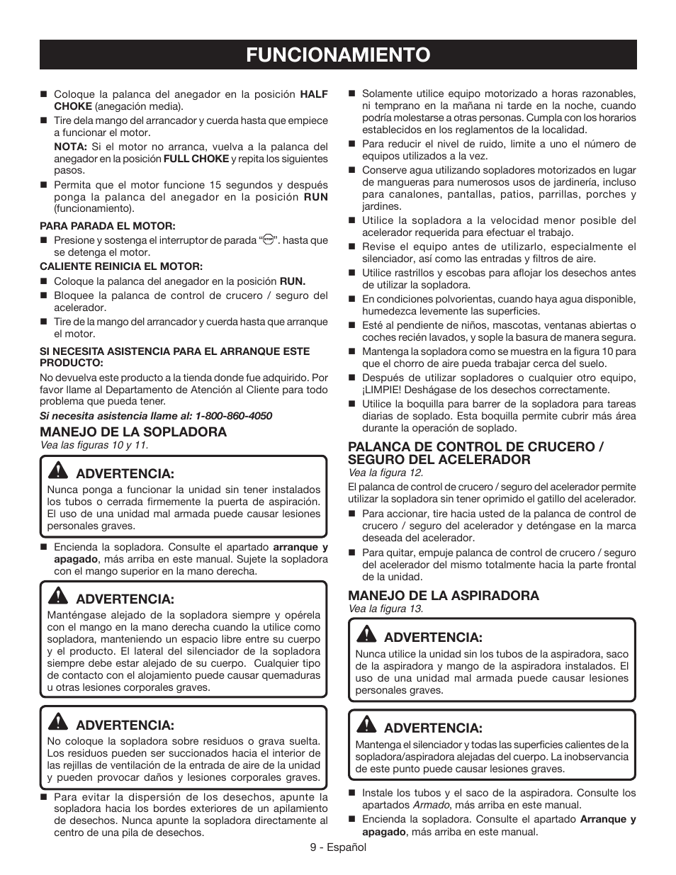 Funcionamiento, Manejo de la sopladora, Advertencia | Manejo de la aspiradora | Ryobi RY09055 User Manual | Page 35 / 42