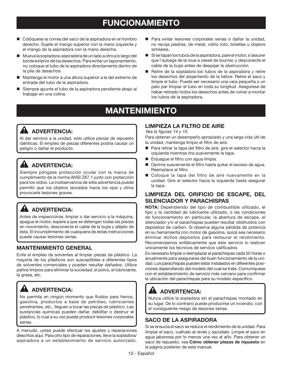 Mantenimiento, Funcionamiento | Ryobi RY09055 User Manual | Page 36 / 42