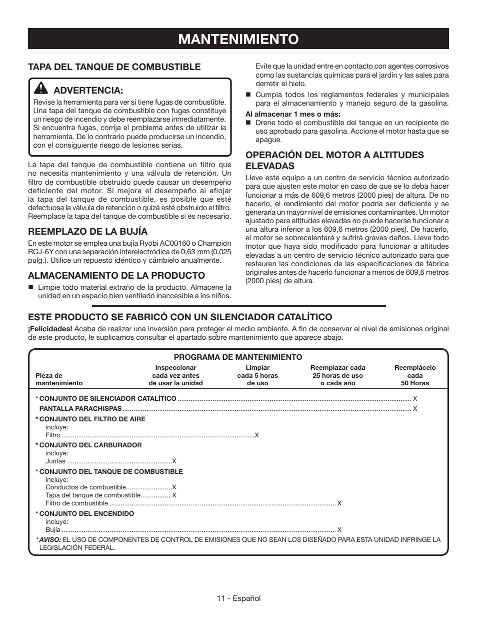 Mantenimiento, Operación del motor a altitudes elevadas, Tapa del tanque de combustible advertencia | Reemplazo de la bujía, Almacenamiento de la producto | Ryobi RY09055 User Manual | Page 37 / 42