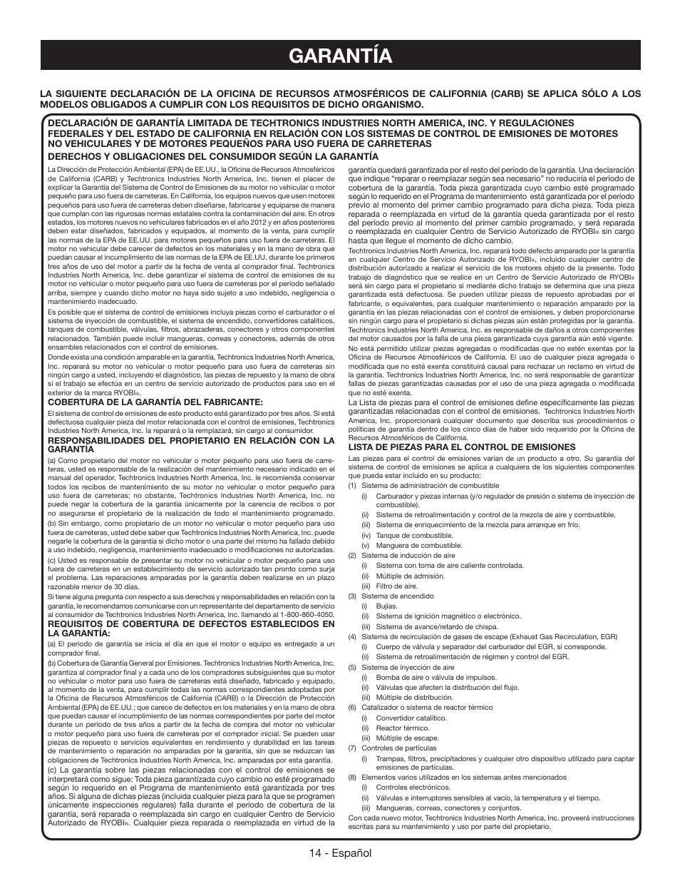 Garantía, 14 - español | Ryobi RY09055 User Manual | Page 40 / 42