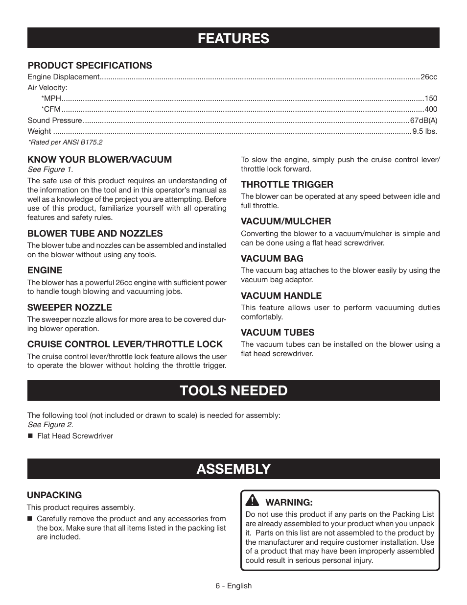 Assembly tools needed, Features | Ryobi RY09055 User Manual | Page 8 / 42