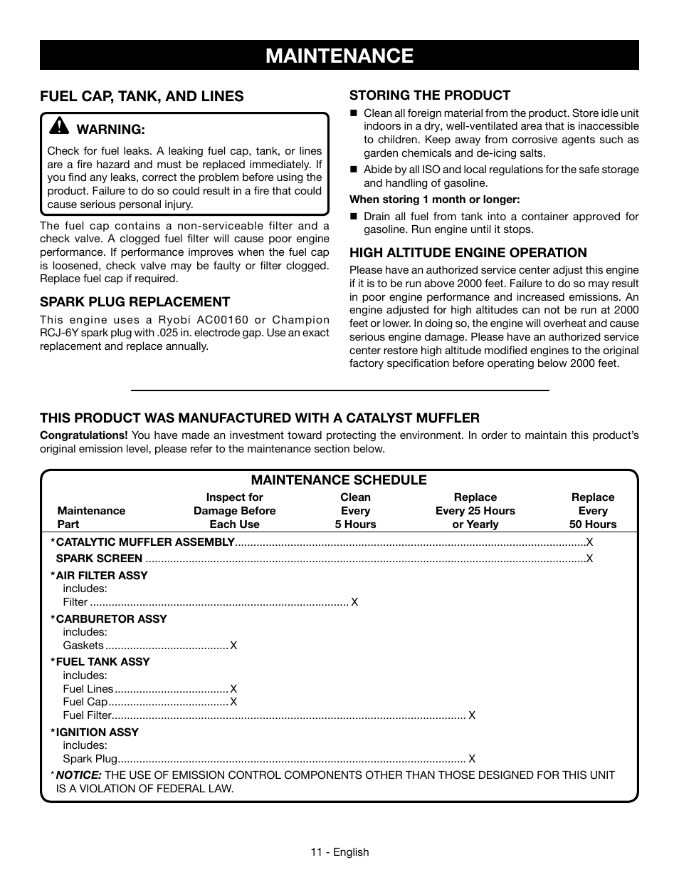 Maintenance, Fuel cap, tank, and lines | Ryobi RY09056 User Manual | Page 13 / 38