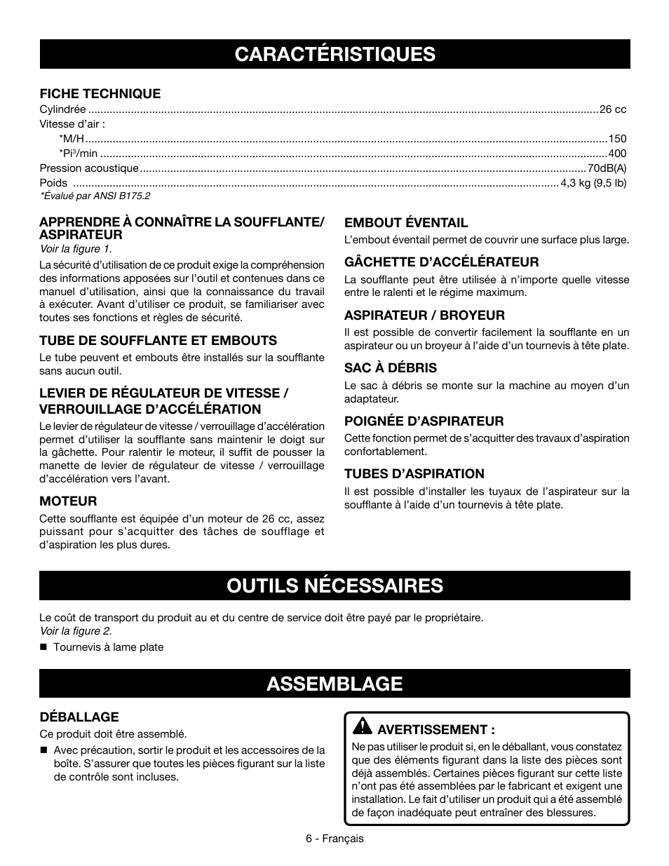 Caractéristiques, Assemblage, Outils nécessaires | Ryobi RY09056 User Manual | Page 19 / 38