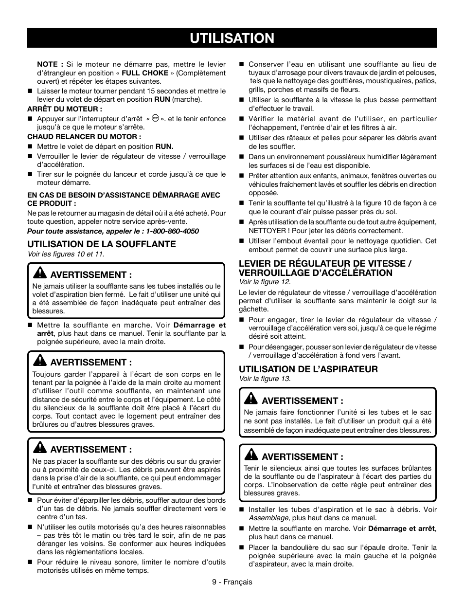 Utilisation, Utilisation de l’aspirateur, Avertissement | Utilisation de la soufflante | Ryobi RY09056 User Manual | Page 22 / 38