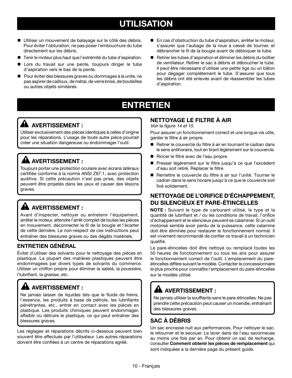 Entretien, Utilisation | Ryobi RY09056 User Manual | Page 23 / 38