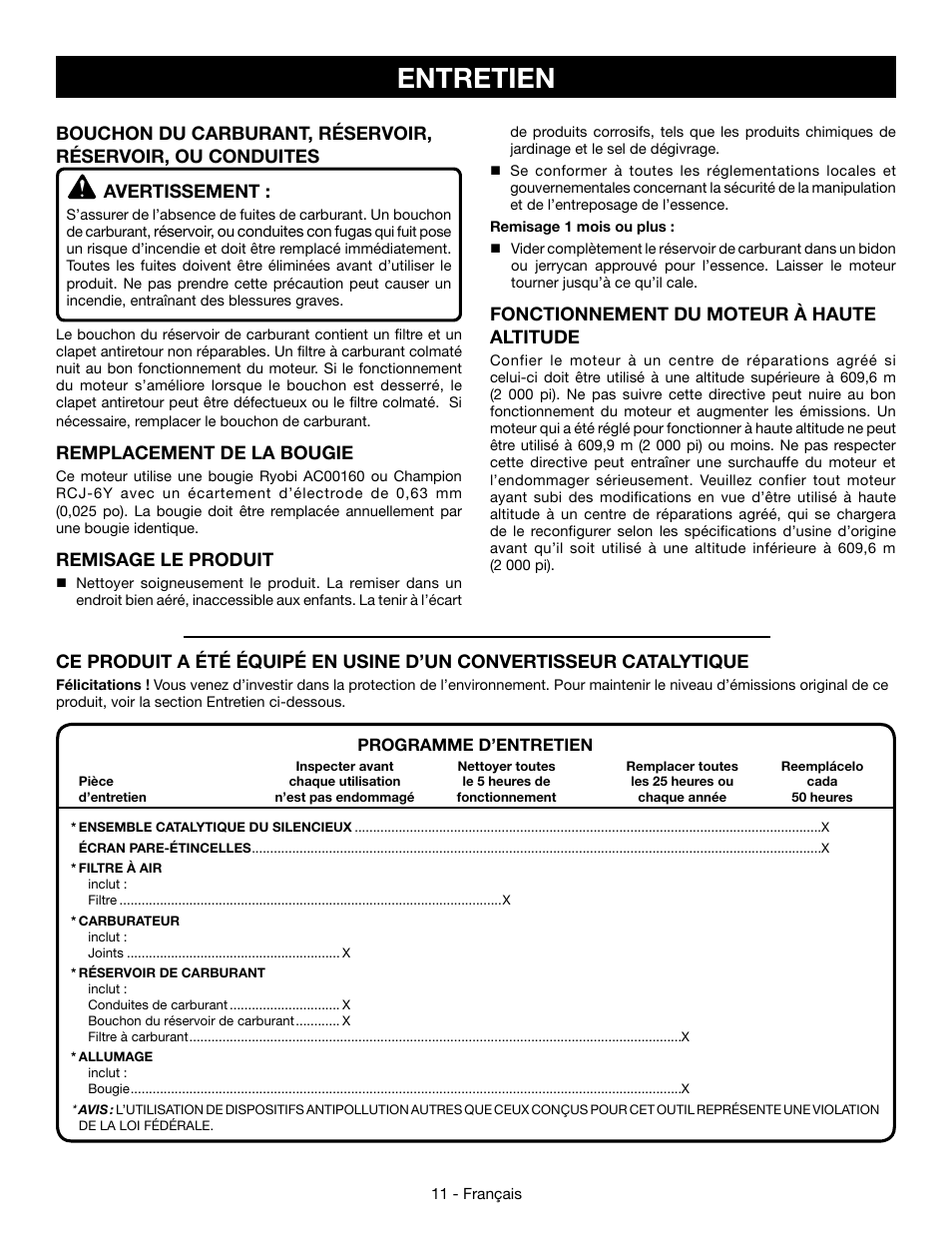Entretien, Remplacement de la bougie, Remisage le produit | Fonctionnement du moteur à haute altitude | Ryobi RY09056 User Manual | Page 24 / 38