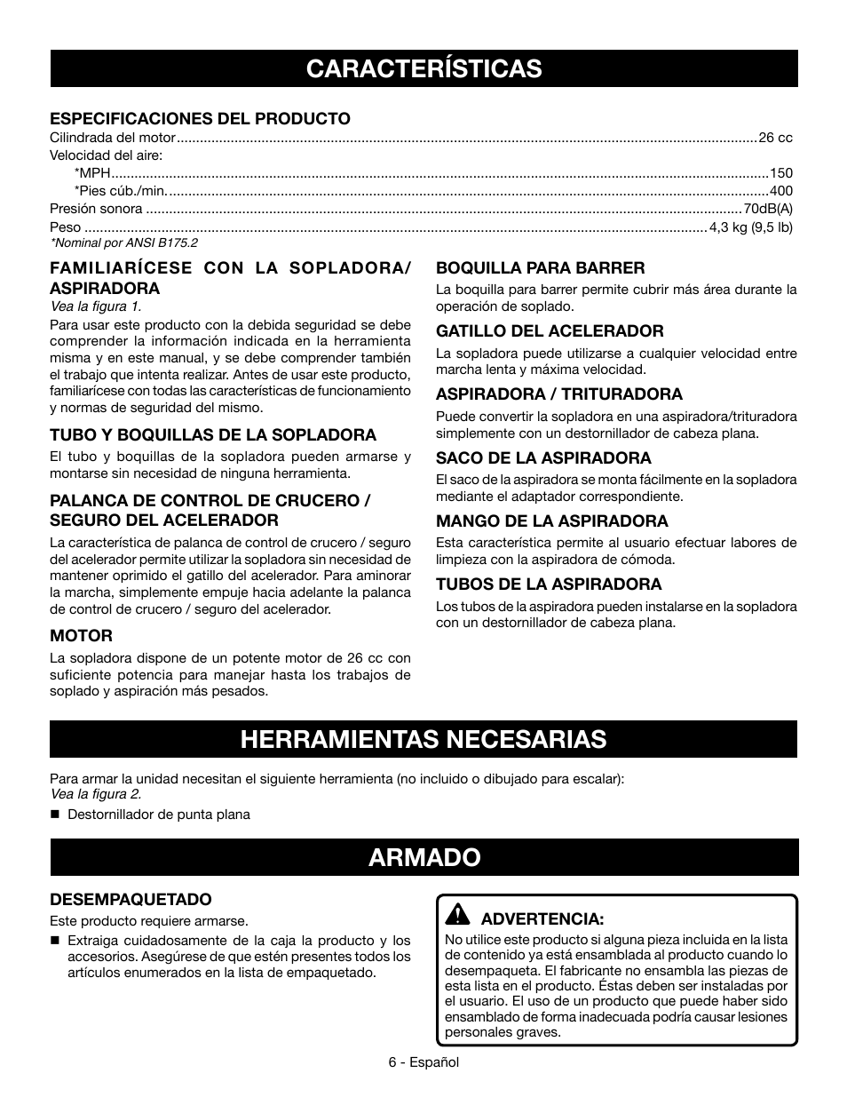 Características, Armado herramientas necesarias | Ryobi RY09056 User Manual | Page 30 / 38