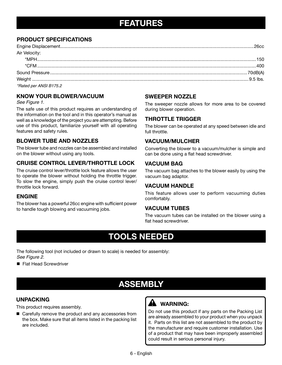 Assembly tools needed, Features | Ryobi RY09056 User Manual | Page 8 / 38