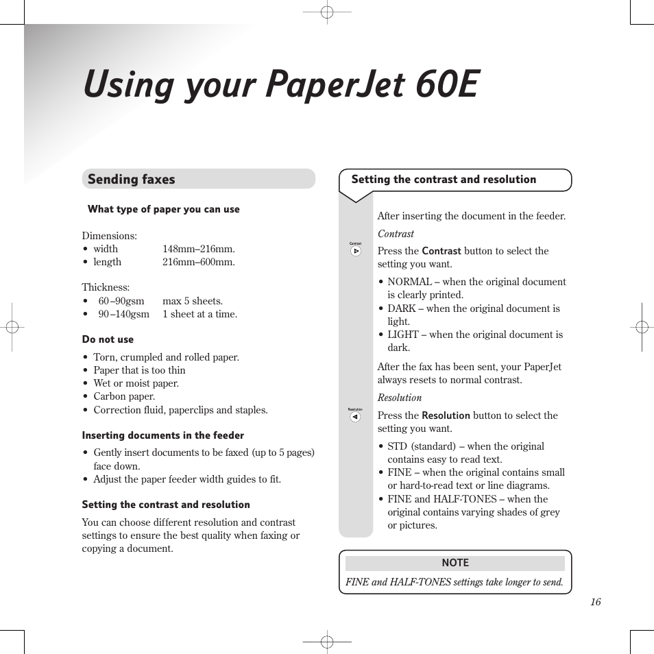 Using your paperjet 60e, Sending faxes | BT PaperJet 60E User Manual | Page 16 / 64