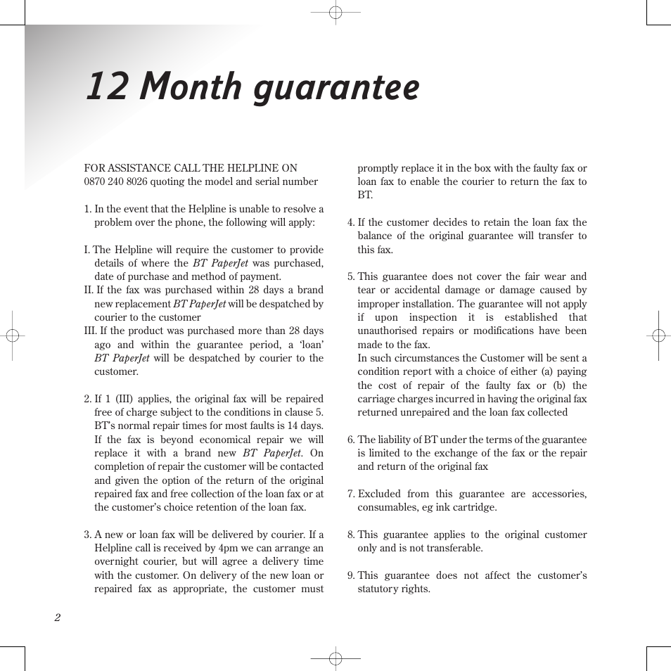 12 month guarantee | BT PaperJet 60E User Manual | Page 2 / 64