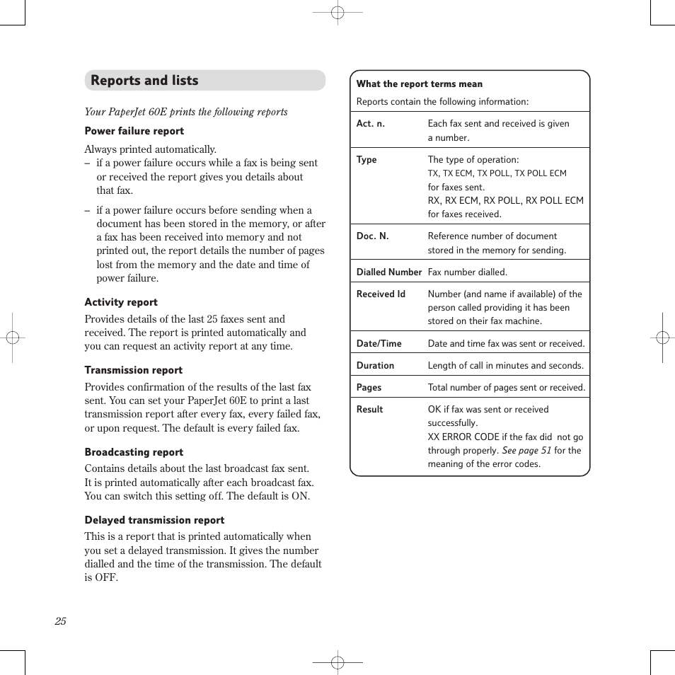 Reports and lists | BT PaperJet 60E User Manual | Page 25 / 64