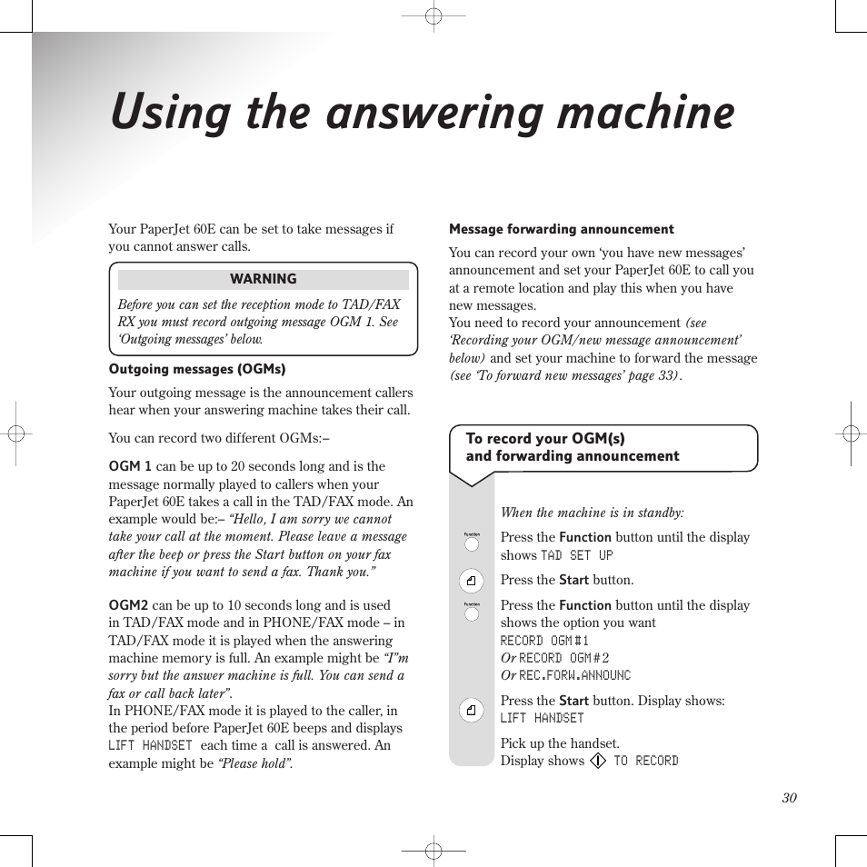 Using the answering machine | BT PaperJet 60E User Manual | Page 30 / 64