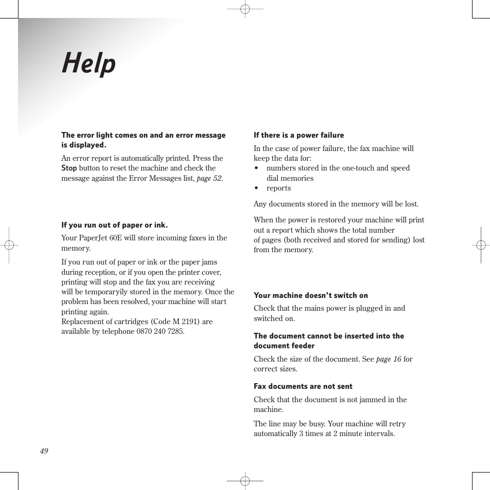 Help | BT PaperJet 60E User Manual | Page 49 / 64