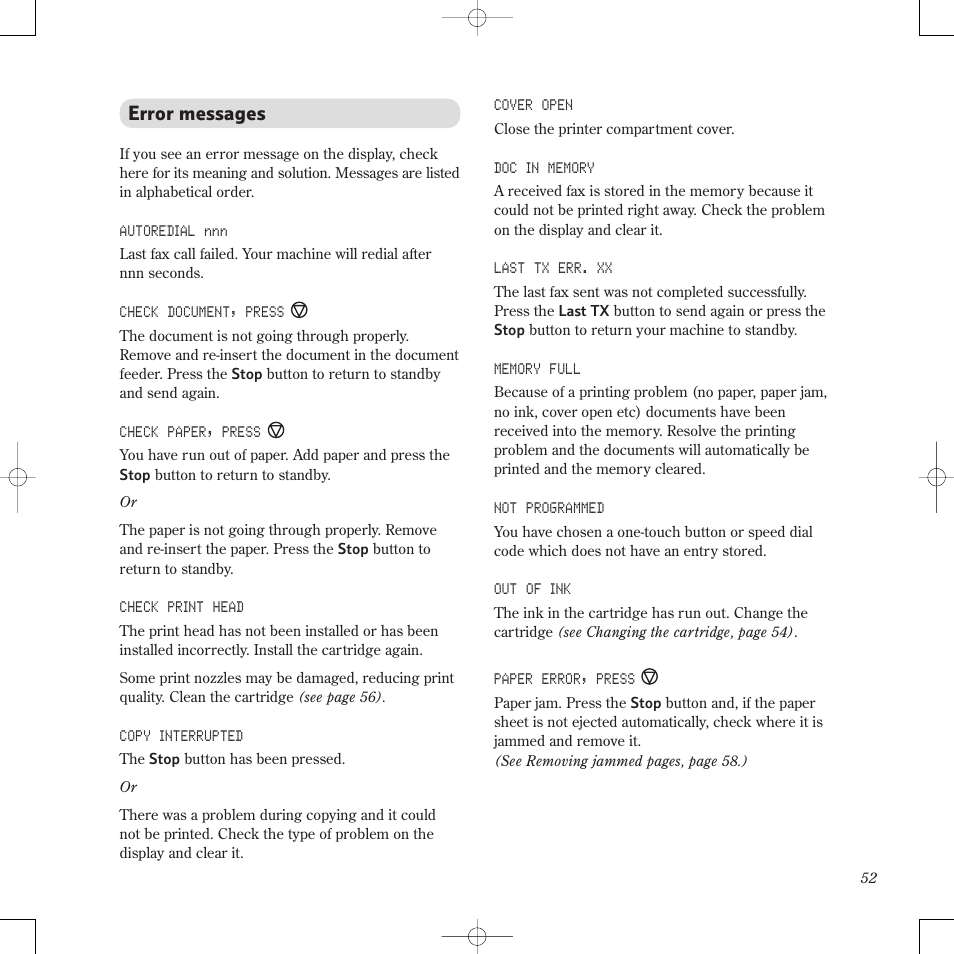 Error messages | BT PaperJet 60E User Manual | Page 52 / 64