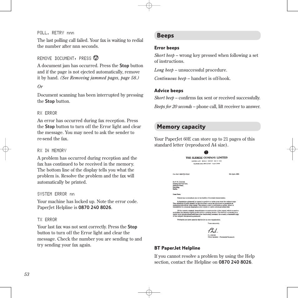 Beeps | BT PaperJet 60E User Manual | Page 53 / 64