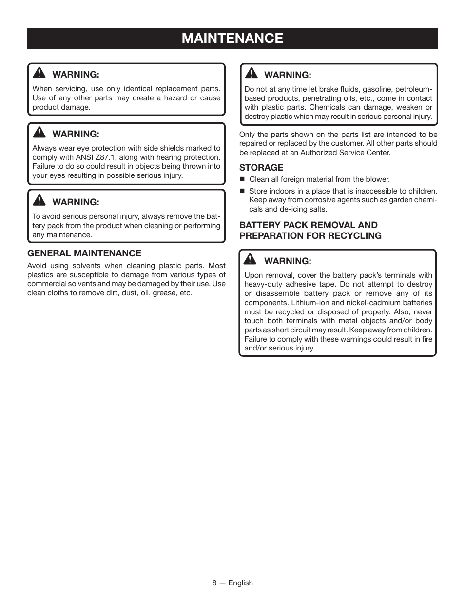 Maintenance | Ryobi P2102 User Manual | Page 10 / 26