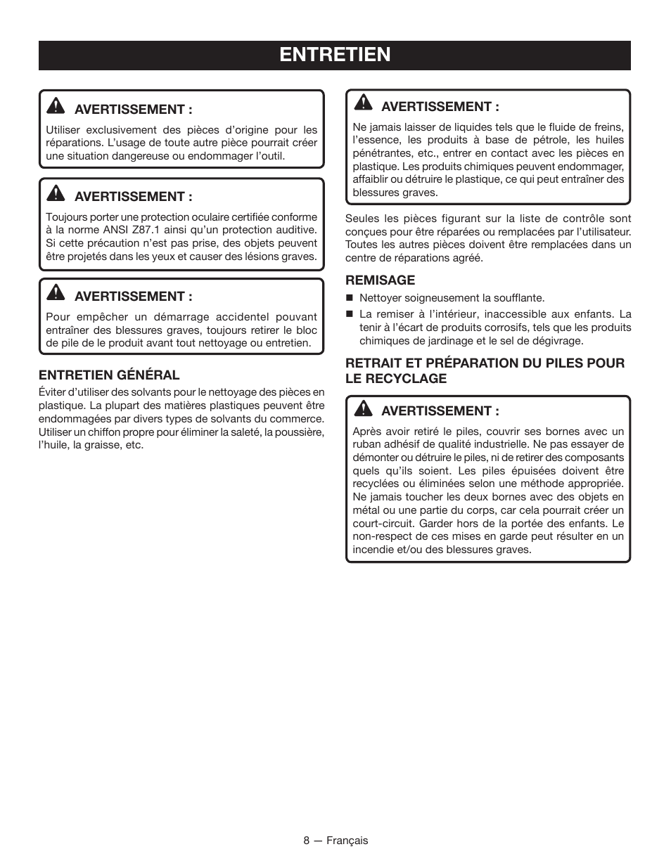 Entretien | Ryobi P2102 User Manual | Page 17 / 26