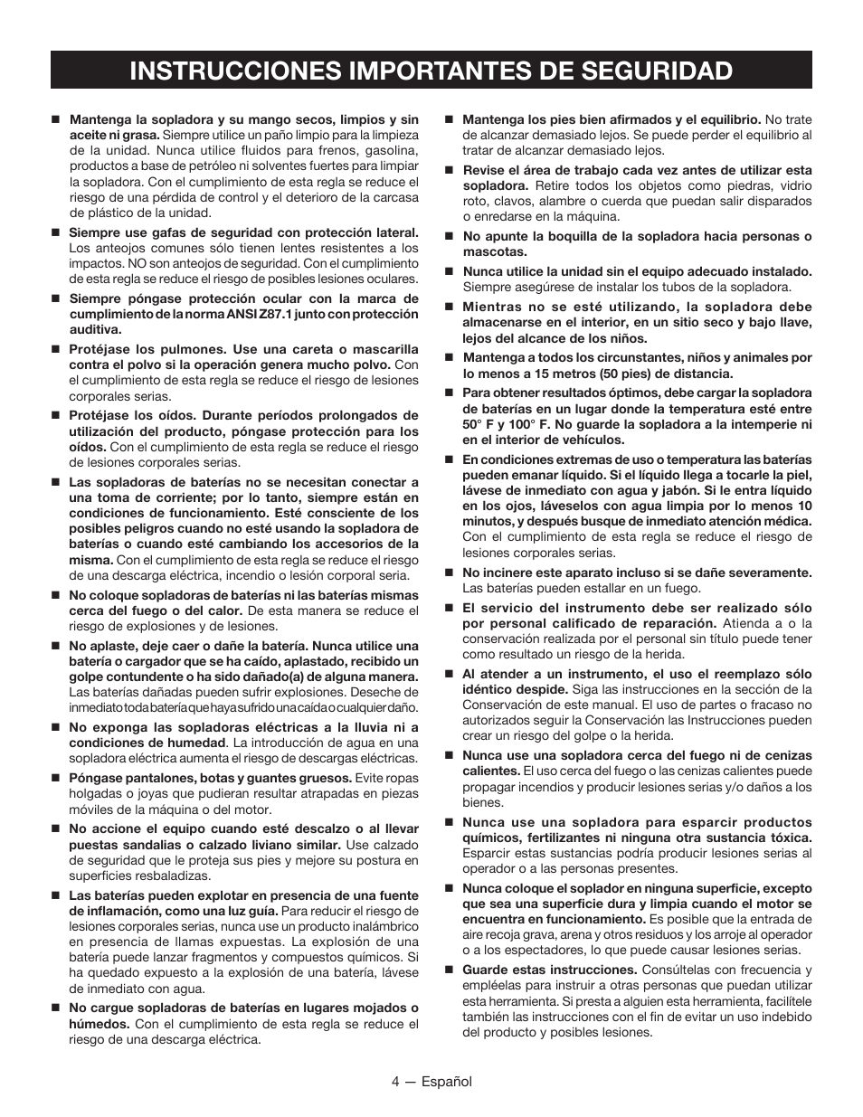 Instrucciones importantes de seguridad | Ryobi P2102 User Manual | Page 20 / 26