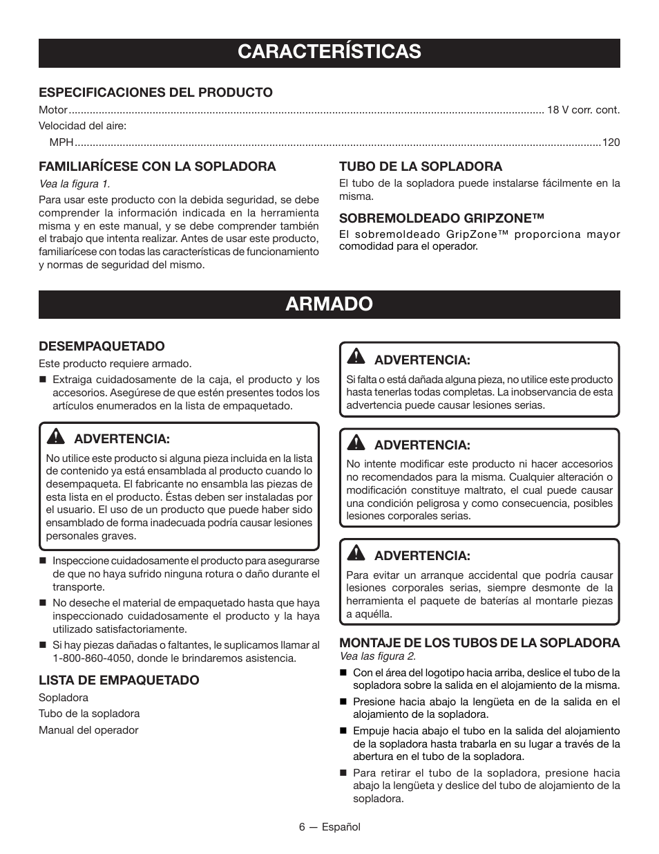 Características armado | Ryobi P2102 User Manual | Page 22 / 26