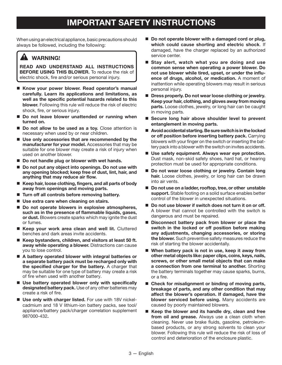 Important safety instructions | Ryobi P2102 User Manual | Page 5 / 26