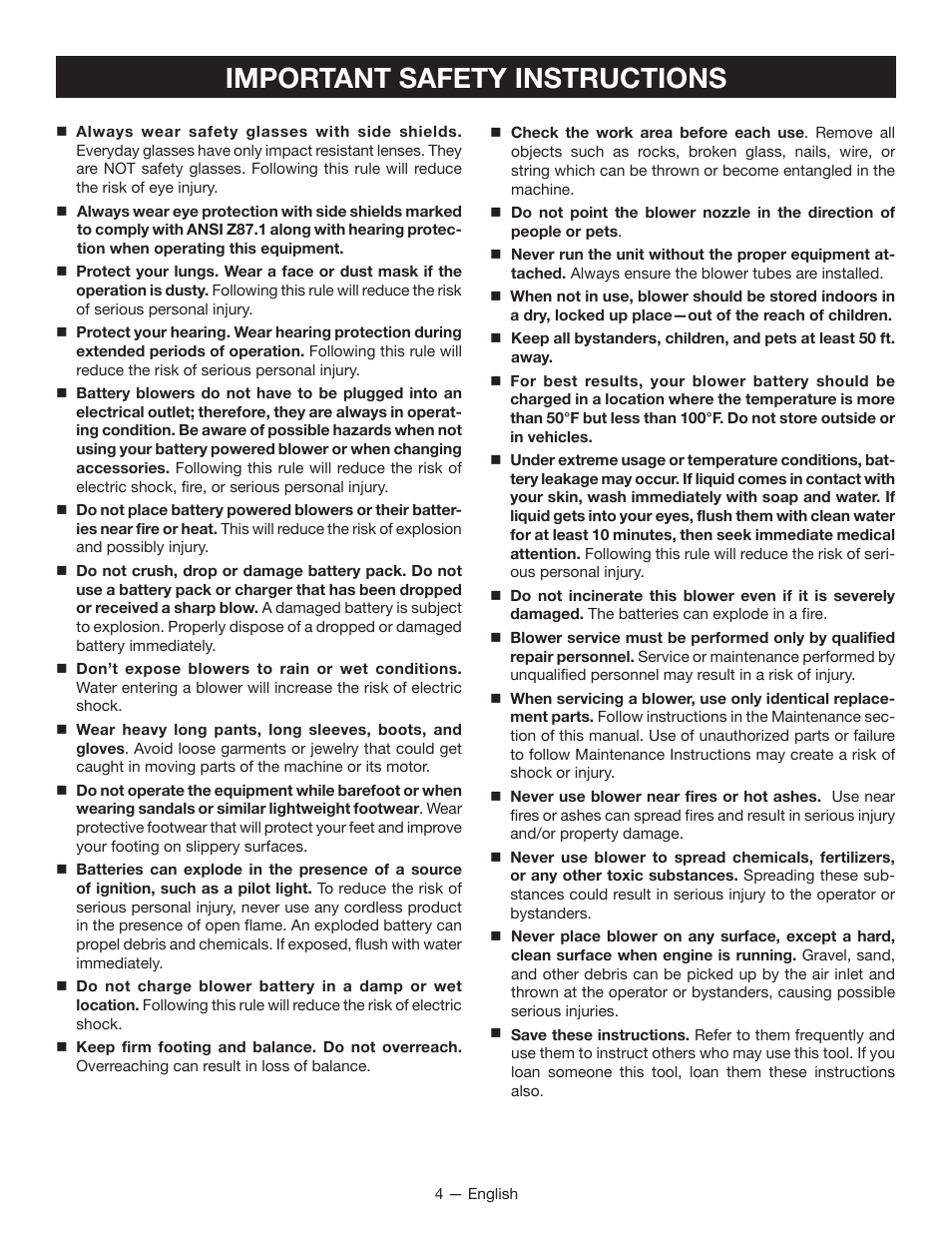 Important safety instructions | Ryobi P2102 User Manual | Page 6 / 26